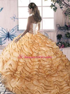 Sweetheart Sleeveless Brush Train Lace Up Ball Gown Prom Dress Apple Green Organza