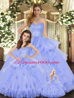 Dramatic Appliques and Ruffles Ball Gown Prom Dress Lavender Lace Up Sleeveless Floor Length