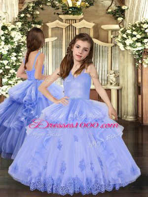 Dramatic Appliques and Ruffles Ball Gown Prom Dress Lavender Lace Up Sleeveless Floor Length