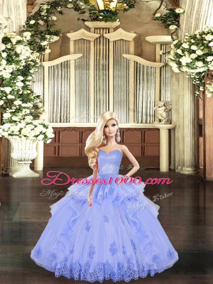 Dramatic Appliques and Ruffles Ball Gown Prom Dress Lavender Lace Up Sleeveless Floor Length