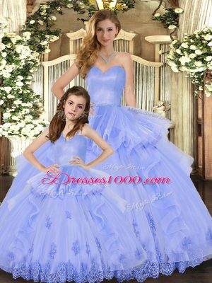 Dramatic Appliques and Ruffles Ball Gown Prom Dress Lavender Lace Up Sleeveless Floor Length