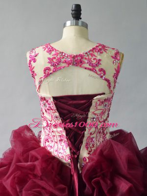 Colorful Burgundy Ball Gowns Beading and Pick Ups Vestidos de Quinceanera Lace Up Organza Sleeveless