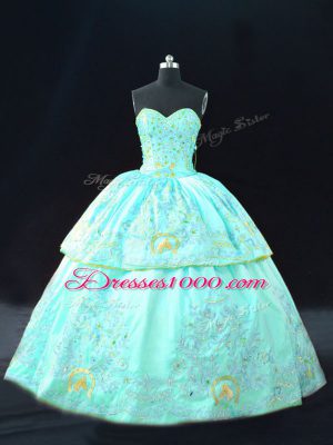 Floor Length Lace Up Ball Gown Prom Dress Aqua Blue for Sweet 16 and Quinceanera with Embroidery