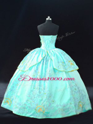 Floor Length Lace Up Ball Gown Prom Dress Aqua Blue for Sweet 16 and Quinceanera with Embroidery