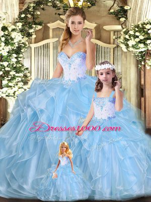 Extravagant Sleeveless Organza Floor Length Lace Up Quinceanera Dress in Blue with Beading and Ruffles