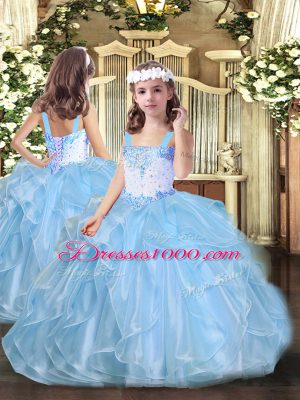 Extravagant Sleeveless Organza Floor Length Lace Up Quinceanera Dress in Blue with Beading and Ruffles