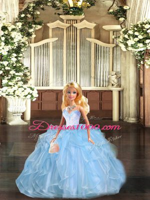 Extravagant Sleeveless Organza Floor Length Lace Up Quinceanera Dress in Blue with Beading and Ruffles