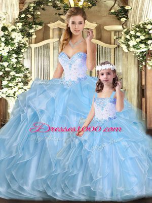 Extravagant Sleeveless Organza Floor Length Lace Up Quinceanera Dress in Blue with Beading and Ruffles