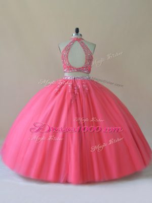 Coral Red Sleeveless Floor Length Beading Backless Quinceanera Dress