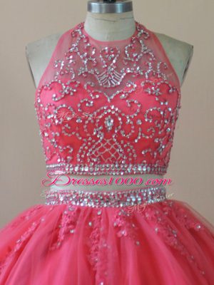 Coral Red Sleeveless Floor Length Beading Backless Quinceanera Dress