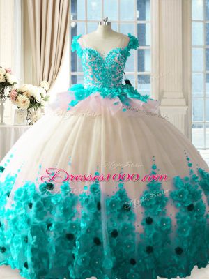 Superior Brush Train Ball Gowns Quinceanera Dress Blue And White Scoop Tulle Sleeveless Zipper