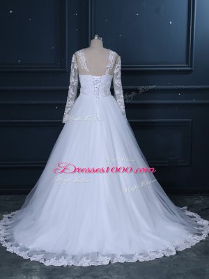 Tulle Long Sleeves Wedding Dress Brush Train and Lace