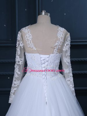 Tulle Long Sleeves Wedding Dress Brush Train and Lace