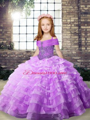 Great Lilac Ball Gowns Beading and Ruffled Layers Party Dress for Toddlers Lace Up Organza Sleeveless