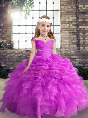 Fuchsia Straps Lace Up Beading and Ruffles and Pick Ups Child Pageant Dress Sleeveless
