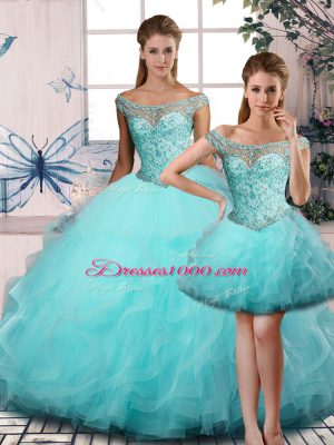 Off The Shoulder Sleeveless Tulle Quinceanera Dresses Beading and Ruffles Lace Up