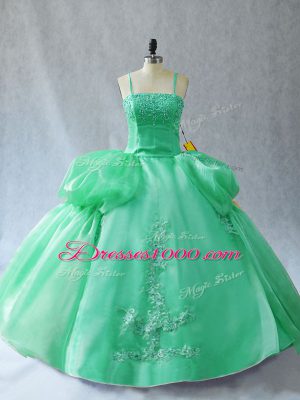Wonderful Sleeveless Organza Floor Length Lace Up Ball Gown Prom Dress in Green with Appliques