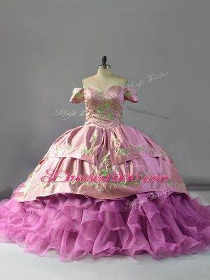 Custom Design Lilac Sleeveless Embroidery and Ruffles Lace Up 15th Birthday Dress