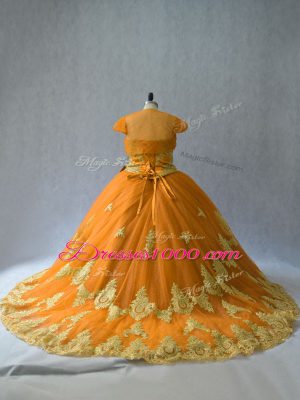 Luxury Lace Up Quinceanera Dresses Gold for Sweet 16 and Quinceanera with Appliques Court Train