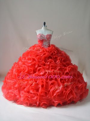 Ideal Red Ball Gowns Fabric With Rolling Flowers Sweetheart Sleeveless Beading and Ruffles Lace Up Quinceanera Dress Court Train