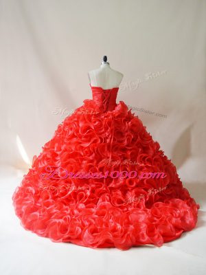 Ideal Red Ball Gowns Fabric With Rolling Flowers Sweetheart Sleeveless Beading and Ruffles Lace Up Quinceanera Dress Court Train