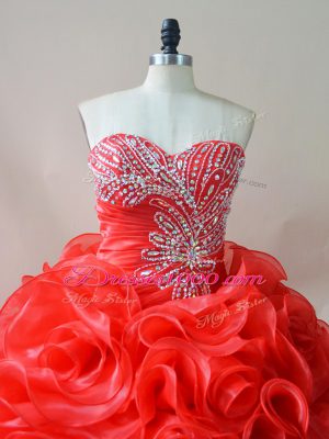 Ideal Red Ball Gowns Fabric With Rolling Flowers Sweetheart Sleeveless Beading and Ruffles Lace Up Quinceanera Dress Court Train