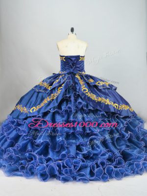 Sweetheart Sleeveless Satin and Organza 15 Quinceanera Dress Embroidery and Ruffled Layers Brush Train Lace Up