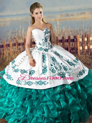 Beauteous Turquoise Sweet 16 Quinceanera Dress Sweet 16 and Quinceanera with Embroidery and Ruffles Sweetheart Sleeveless Lace Up