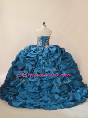 High Quality Blue Sweet 16 Quinceanera Dress Taffeta Brush Train Sleeveless Beading and Pick Ups