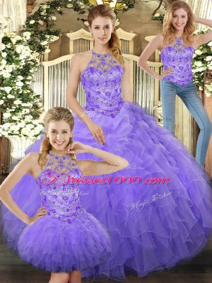 Best Selling Lavender Tulle Lace Up Quinceanera Gowns Sleeveless Floor Length Beading and Ruffles