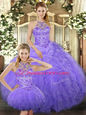 Best Selling Lavender Tulle Lace Up Quinceanera Gowns Sleeveless Floor Length Beading and Ruffles