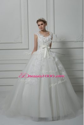 Sleeveless Tulle Brush Train Lace Up Wedding Dress in White with Lace and Appliques and Belt and Hand Made Flower