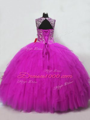 Cheap Fuchsia Sleeveless Beading and Ruffles Floor Length Sweet 16 Quinceanera Dress