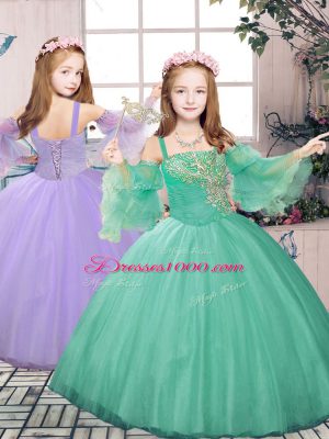 Turquoise Sleeveless Beading and Appliques Floor Length Girls Pageant Dresses
