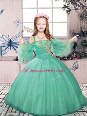 Turquoise Sleeveless Beading and Appliques Floor Length Girls Pageant Dresses