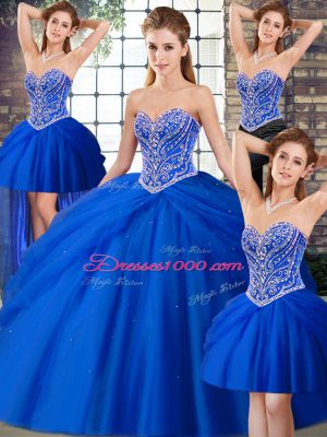 Edgy Sweetheart Sleeveless 15 Quinceanera Dress Brush Train Beading and Pick Ups Royal Blue Tulle