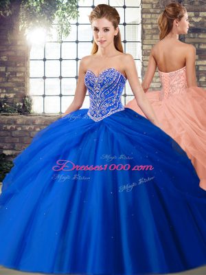 Edgy Sweetheart Sleeveless 15 Quinceanera Dress Brush Train Beading and Pick Ups Royal Blue Tulle