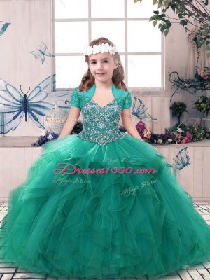 Ball Gowns Little Girls Pageant Dress Turquoise Straps Tulle Sleeveless Floor Length Side Zipper