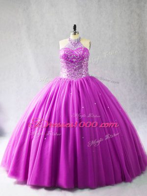 Discount Halter Top Sleeveless Brush Train Lace Up Quinceanera Dresses Lilac Tulle