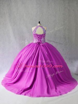 Discount Halter Top Sleeveless Brush Train Lace Up Quinceanera Dresses Lilac Tulle