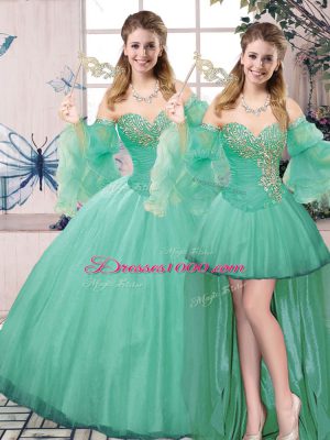 Spectacular Turquoise Three Pieces Sweetheart Sleeveless Tulle Floor Length Lace Up Beading Sweet 16 Dresses