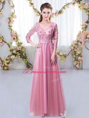 Custom Design 3 4 Length Sleeve Floor Length Lace and Appliques Lace Up Quinceanera Court of Honor Dress with Pink