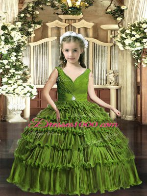 Most Popular Olive Green Ball Gowns V-neck Sleeveless Floor Length Backless Beading and Ruffled Layers Little Girls Pageant Gowns