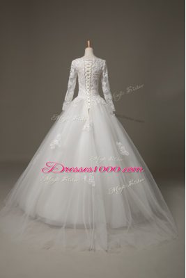 Tulle 3 4 Length Sleeve Wedding Gown Brush Train and Beading and Lace