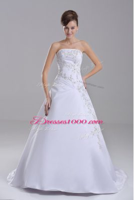 Superior White Wedding Gown Taffeta Brush Train Sleeveless Embroidery
