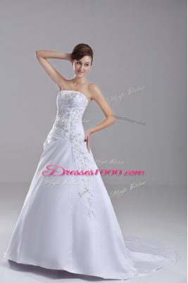 Superior White Wedding Gown Taffeta Brush Train Sleeveless Embroidery
