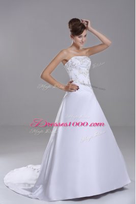 Superior White Wedding Gown Taffeta Brush Train Sleeveless Embroidery