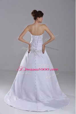 Superior White Wedding Gown Taffeta Brush Train Sleeveless Embroidery