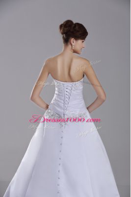 Superior White Wedding Gown Taffeta Brush Train Sleeveless Embroidery