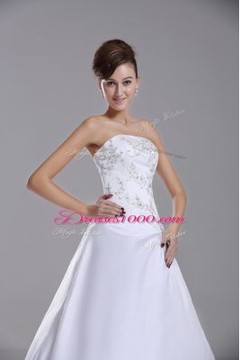 Superior White Wedding Gown Taffeta Brush Train Sleeveless Embroidery